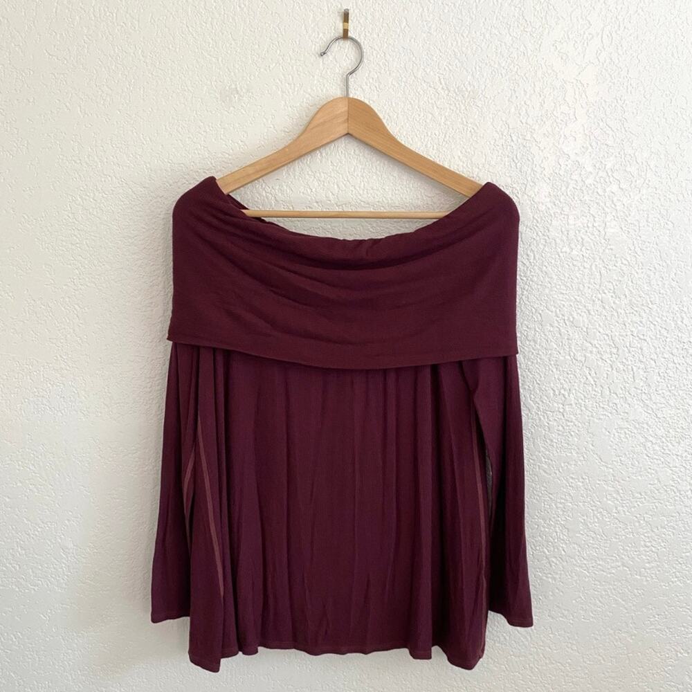 NWT Three Dots Ribbed Off-Shoulder Swing Top Shiraz Burgundy‎ Long Sleeve Medium